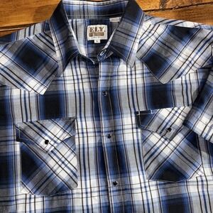 Ely Cattleman Pearl Snap Shirt Men's Large Blue Plaid Short Slv Western Cowboy